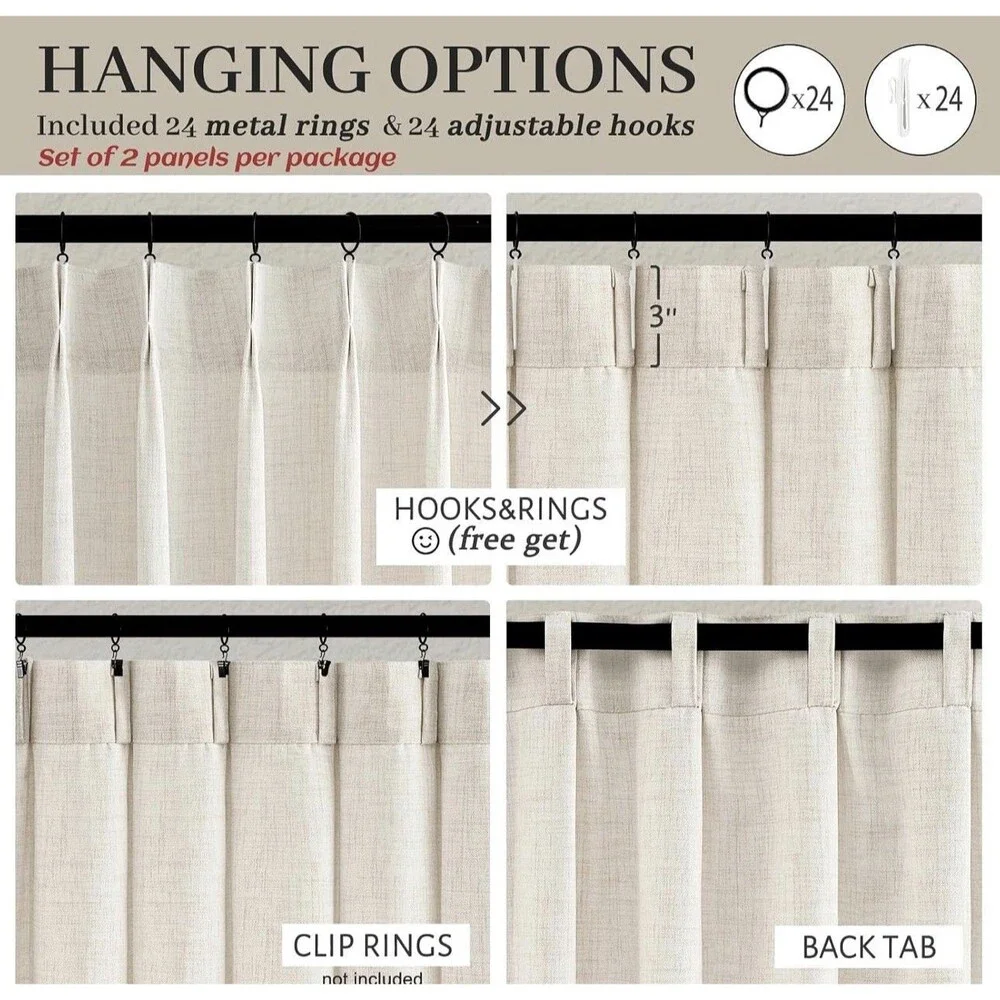 Light Beige 60x96 Inch Linen Patio Curtains, 2 Panel Set for Sliding Doors